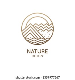 Geometric logo landscape, mountain, sun, sea, cloud. Vector sacred symbol. Outline round icon of abstract nature - business emblem for design card, packaging, zen, ecology, health concept, yoga Center