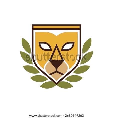 A geometric logo of a lion's face inside a shield, framed by a green laurel wreath. This modern emblem symbolizes strength, power, courage, and nobility.