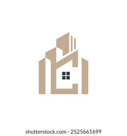 Logótipo geométrico que representa um edifício ou uma casa. O design incorpora a letra "C" na estrutura, criando um símbolo único e memorável. A paleta de cores neutras sugere estabilidade e p