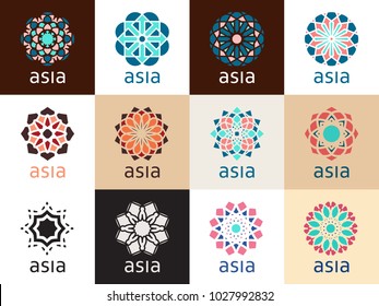 Geometric logo template set. Vector mosaic oriental ornamental symbols