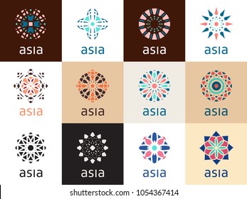 Geometric logo template set. Vector mosaic oriental ornamental symbols