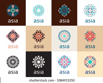 Geometric logo template set. Vector mosaic oriental ornamental symbols
