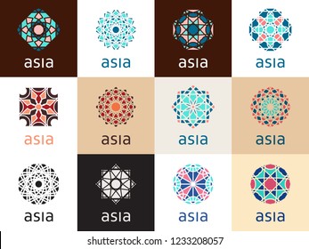 Geometric logo template set. Vector mosaic oriental ornamental symbols