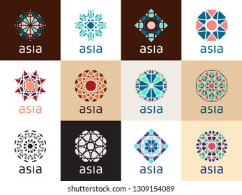 Geometric logo template set. Vector mosaic oriental ornamental symbols