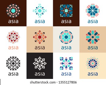 Geometric logo template set. Vector mosaic oriental ornamental symbols