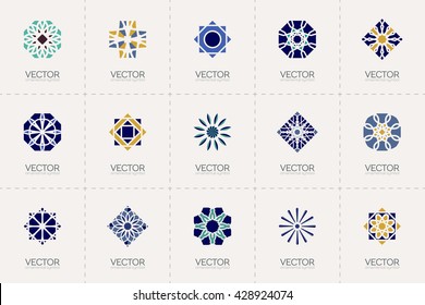 Geometric logo template set. Vector mosaic arabic ornamental symbols