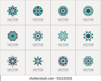 Geometric logo template set. Vector mosaic arabic ornamental symbols