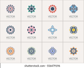 Geometric logo template set. Vector color mosaic arabic ornamental symbols