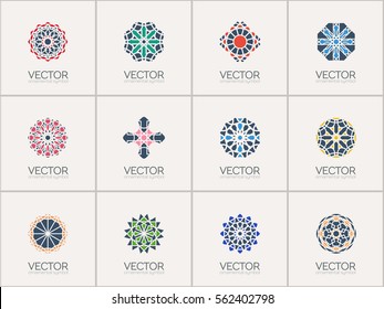 Geometric logo template set. Vector color mosaic arabic ornamental symbols