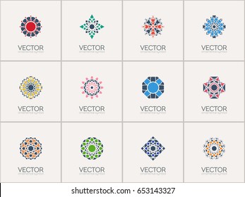 Geometric logo template set. Vector mosaic arabic ornamental symbols