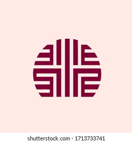 Geometric logo.Decorative abstract icon.Bold red color motif isolated on light pink background.Design elements for branding.Circular pattern.Creative sign.