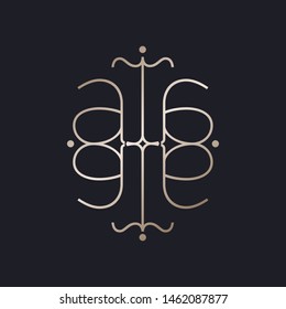 Geometric logo.Decorative abstract icon.Golden metallic motif isolated on dark background.Elegant design elements for branding.High end business luxury style symbol.Ornamental lines vector sign.