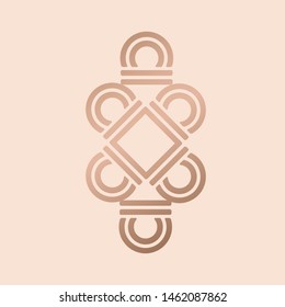 Geometric logo.Decorative abstract icon.Rose gold metallic motif isolated on light background.Elegant design elements for branding.High end business luxury style symbol.Beauty, boutique,fashion sign.