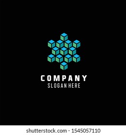 Geometric logo.Decorative icon with cubes construction.Abstract motif isolated on dark background.Design elements for branding.Graphic symbol for modern,corporate,industrial,web business.
