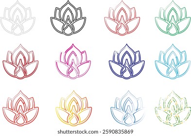 Geometric lotus flowers, minimalist line art, colorful outlines, sacred geometry, mandala-inspired designs, symmetrical patterns, vibrant pastel hues, delicate floral illustrations, zen artwork, spiri