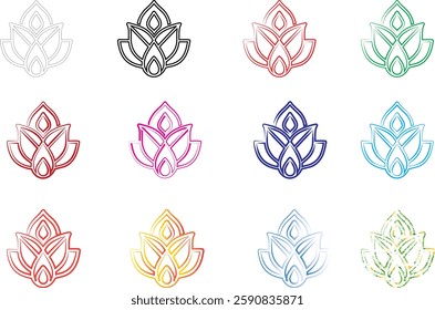 Geometric lotus flowers, minimalist line art, colorful outlines, sacred geometry, mandala-inspired designs, symmetrical patterns, vibrant pastel hues, delicate floral illustrations, zen artwork, spiri