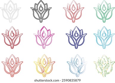 Geometric lotus flowers, minimalist line art, colorful outlines, sacred geometry, mandala-inspired designs, symmetrical patterns, vibrant pastel hues, delicate floral illustrations, zen artwork, spiri