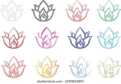 Geometric lotus flowers, minimalist line art, colorful outlines, sacred geometry, mandala-inspired designs, symmetrical patterns, vibrant pastel hues, delicate floral illustrations, zen artwork, spiri