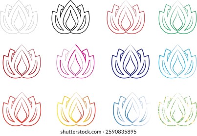 Geometric lotus flowers, minimalist line art, colorful outlines, sacred geometry, mandala-inspired designs, symmetrical patterns, vibrant pastel hues, delicate floral illustrations, zen artwork, spiri