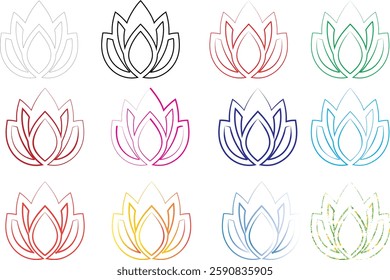 Geometric lotus flowers, minimalist line art, colorful outlines, sacred geometry, mandala-inspired designs, symmetrical patterns, vibrant pastel hues, delicate floral illustrations, zen artwork, spiri