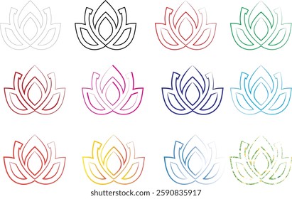 Geometric lotus flowers, minimalist line art, colorful outlines, sacred geometry, mandala-inspired designs, symmetrical patterns, vibrant pastel hues, delicate floral illustrations, zen artwork, spiri