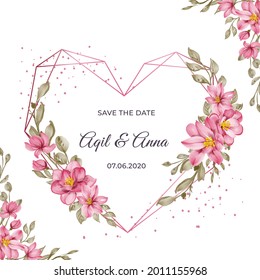 geometric love shape with beautiful pink flower frame