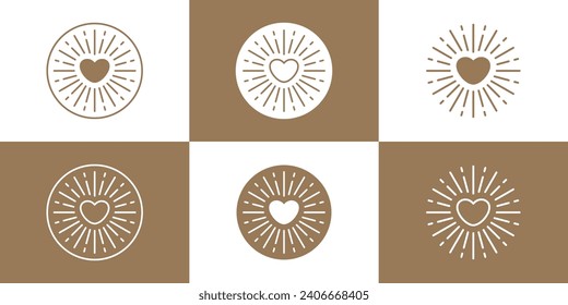 Geometric Love Sun Logo. Sunburst, Sun Beams in Hearts Shape. Hearts Shining with Linear Sunlight Sunrises Sun. Summer and Love Logo Design Template.