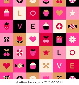 Geometric love symbols and seamless square pattern design for valentine’s day.