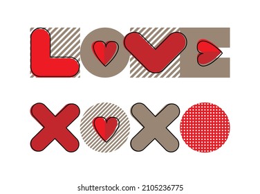Geometric love text xoxo in abstract style on pink background. Vector drawing. Vintage Hipster graphic. Trendy backdrop creative illustration design.