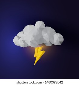 Geometric low poly 3d cloud with lightning bolt vector illustration.