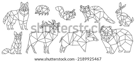 Geometric low poly animals set, black thin line vector illustration. Abstract creative polygonal design with triangle simple shapes for wild deer bear fox hedgehog squirrel raccoon rabbit wolf