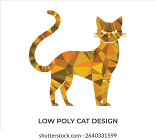 Geometric low poly art illustration of a graceful cat with warm orange and brown tones.