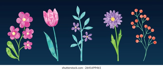 Geometric Low Poly Flowers Vector Set on Dark Background.