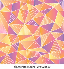 Geometric low poly graphic repeat pattern made out of triangular facets in shades of oranges and pinks with quirky stripes and polka dot fills. Vector pattern.