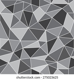 Geometric low poly graphic repeat pattern made out of triangular facets in shades of grays. Vector pattern.