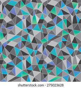 Geometric low poly graphic repeat pattern made out of triangular facets in shades of gray and blues. Vector pattern.