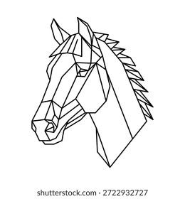 Cabeza geométrica baja del caballo polivinílico con la melena en estilo lineal poligonal aislado en blanco. Esbozo del Vector para el Año del Caballo 2026. Diseño del zodiaco, logotipo, tatuaje equino, emblema, arte de línea mínima.