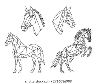 Conjunto geométrico de caballo de polietileno bajo con contornos poligonales lineales. Cabezas de equino, caballo de pie, caballo de cría. Arte de la línea de Vector para 2026 Año del Caballo. Signo del zodiaco para el logotipo, tatuaje, decoración, diseño.