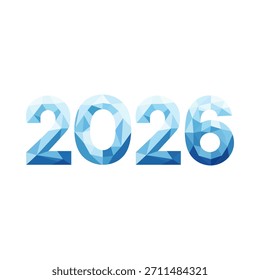 Ein geometrisches Low-Poly-Design der Nummer 2026 in Blau- und Weißtönen, das einen Kristall- oder eisähnlichen Effekt erzeugt