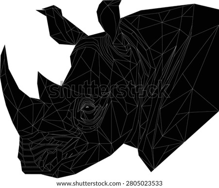 Geometric low-poly rhinoceros head illustration featuring crisp white outlines set against a stark black background. Rhino head silhouette