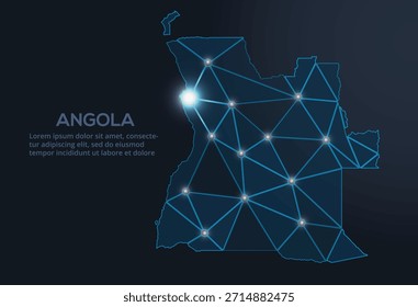Representación geométrica de Vector de baja poli de Angola, que muestra ciudades iluminadas y grupos de población como puntos brillantes y estrellas inspiradas en el espacio