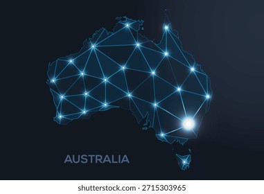 Representación geométrica de Vector de baja poli de Australia, que muestra ciudades iluminadas y grupos de población como puntos brillantes y estrellas inspiradas en el espacio