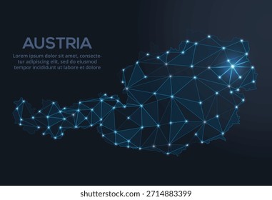 Geometric low-poly vector depiction of Austria, showing illuminated cities and population clusters as sparkling dots and space-inspired stars. digital communication network