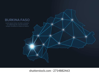 Geometrische Low-Poly-Vektorgrafik von Burkina Faso, die beleuchtete Städte und Bevölkerungsgruppen als funkelnde Punkte und weltrauminspirierte Sterne zeigt. digitales Kommunikationsnetz