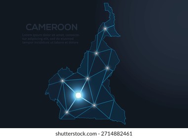 Geometric low-poly vector depiction of Cameroon, showing illuminated cities and population clusters as sparkling dots and space-inspired stars. digital communication network