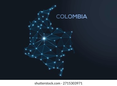 Representação vetorial geométrica de baixo poli da Colômbia, mostrando cidades iluminadas e aglomerados populacionais como pontos cintilantes e estrelas inspiradas no espaço.