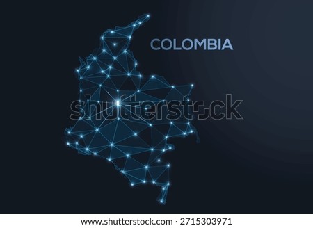 Geometric low-poly vector depiction of Colombia, showing illuminated cities and population clusters as sparkling dots and space-inspired stars. digital communication network