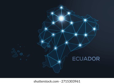 Geometric low-poly vector depiction of Ecuador, showing illuminated cities and population clusters as sparkling dots and space-inspired stars. digital communication network