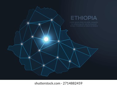 Representación geométrica de Vector de baja poli de Etiopía, que muestra ciudades iluminadas y grupos de población como puntos brillantes y estrellas inspiradas en el espacio