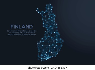 Geometric low-poly vector depiction of Finland, showing illuminated cities and population clusters as sparkling dots and space-inspired stars. digital communication network